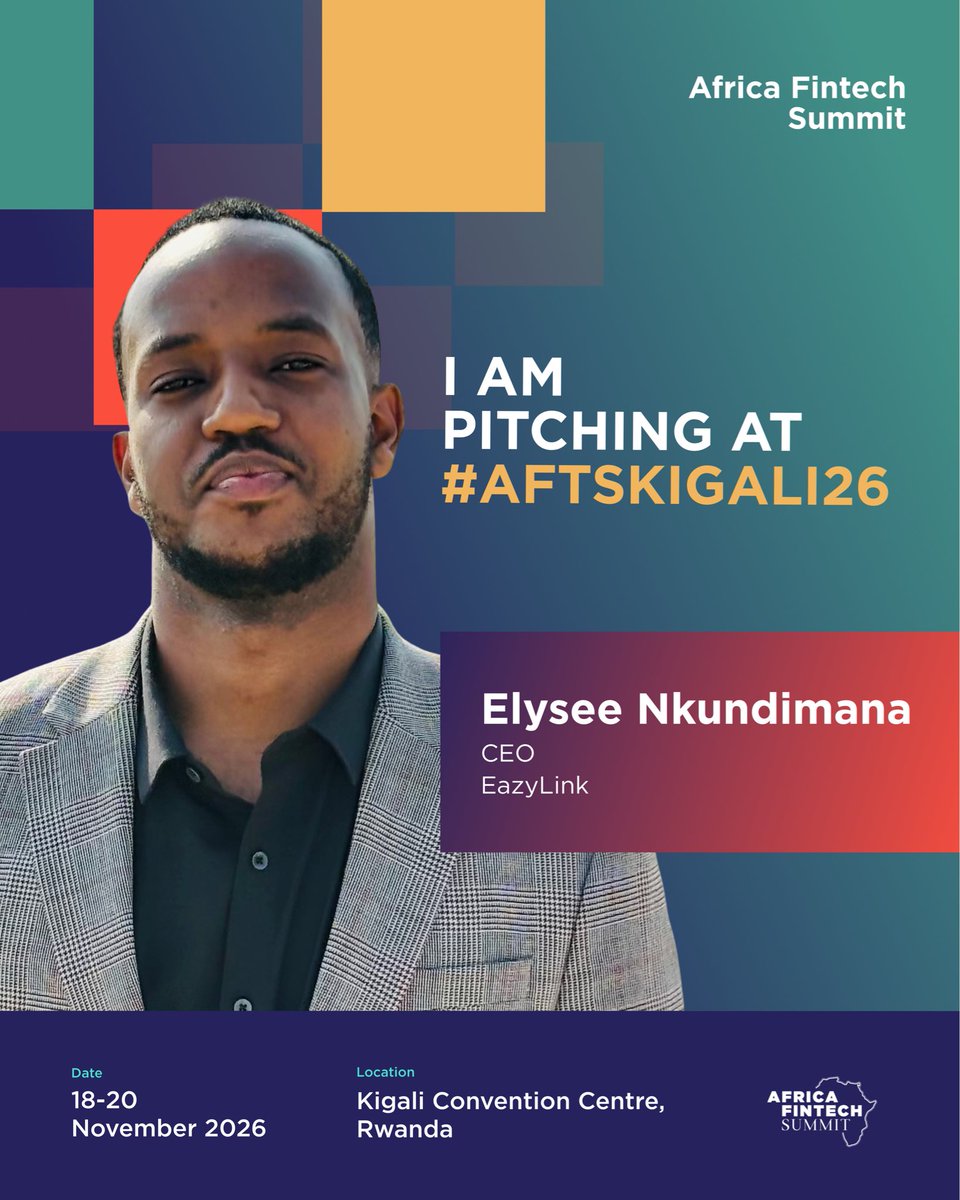 Eazylink_'s tweet photo. Our Founder &amp; CEO will be speaking at the @AfriFintech (#AFTSKigali26) this November. 🇷🇼

📍 Kigali Convention Centre
🗓️ 18–20 Nov 2026

EazyLink is heading to Africa's largest bi-annual fintech gathering — 4,000+ stakeholders, 100+ countries.

#FintechAfrica #EazyLink https://t.co/qgSLFNjPxd