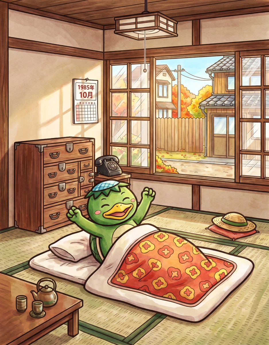 JapanYokaiColor's tweet photo. Can you imagine how this Kappa will look when colored? 

⬅️ BEFORE
➡️ AFTER
A cute Kappa enjoying a cozy moment in a traditional Japanese home

What colors would YOU use for the blanket?
Tell me below! 👇

#Kappa #JapaneseYokai #YokaiArt #ColoringBook #JapaneseFolklore #KawaiiArt https://t.co/beA4ofBHJw