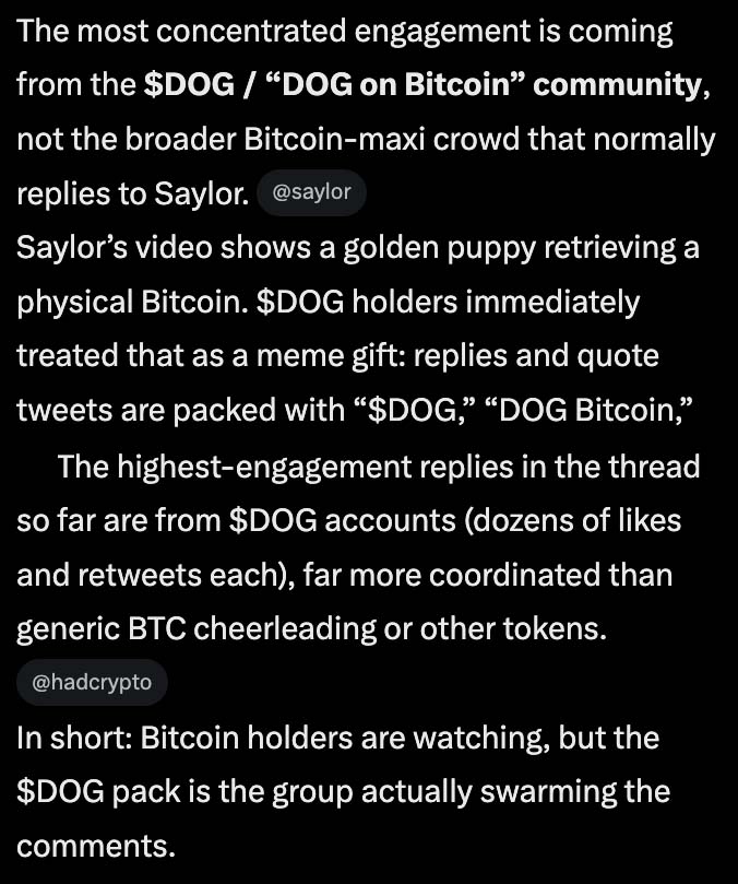 cryptolution101's tweet photo. 🚨UPDATE: @Saylor most concentrated engagement is coming from the solana:dog1viwbb2vWDpER5FrJ4YFG6gq6XuyFohUe9TXN65u / “DOG on Bitcoin” community, not the broader Bitcoin-maxi crowd that normally replies to Saylor.

Source: @grok https://t.co/lSkzF18rG2