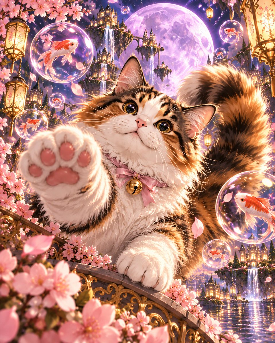 CosSolidarity's tweet photo. Happy Caturday 🐾🌸
Just casually reaching through dimensions, chasing floating koi, and ruling a moonlit fantasy kingdom like it’s a perfectly normal Saturday. A little weird, a lot cute, and exactly the kind of chaos I wanted today.
First video: @MetaAI
Second Video: @GrokImagine
Original Image: @ChatGPT
Image Prompt below ⬇️
#AIArt #DigitalArt #Caturday #CatArt #SurrealArt