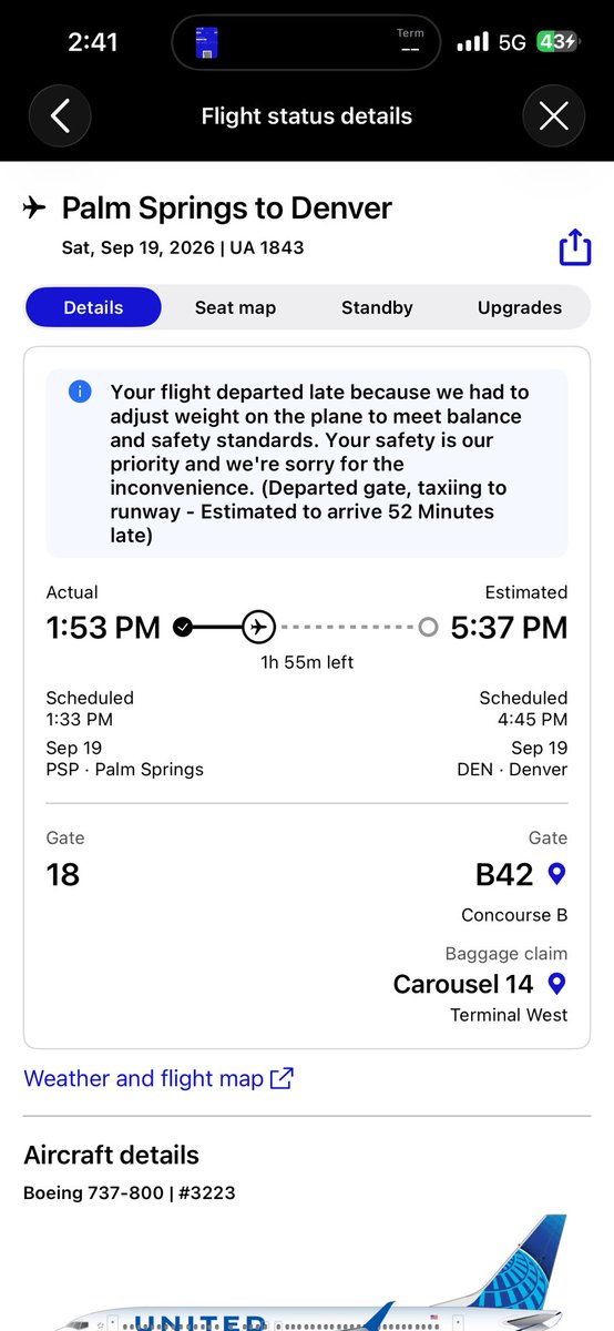 Larry3Putts's tweet photo. Hey @united you tell the plane it’s weather then this pops up on your app? Wtf. https://t.co/XQDWPMde39