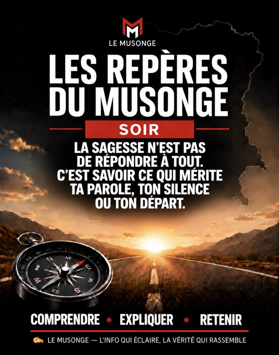MudimbiThierry's tweet photo. La sagesse n’est pas de répondre à tout. C’est savoir ce qui mérite ta parole, ton silence ou ton départ.
#Sagesse #Discernement #LesRepèresDuMusonge
✍️ LE MUSONGE @MudimbiThierry L’INFO QUI ÉCLAIRE, LA VÉRITÉ QUI RASSEMBLE