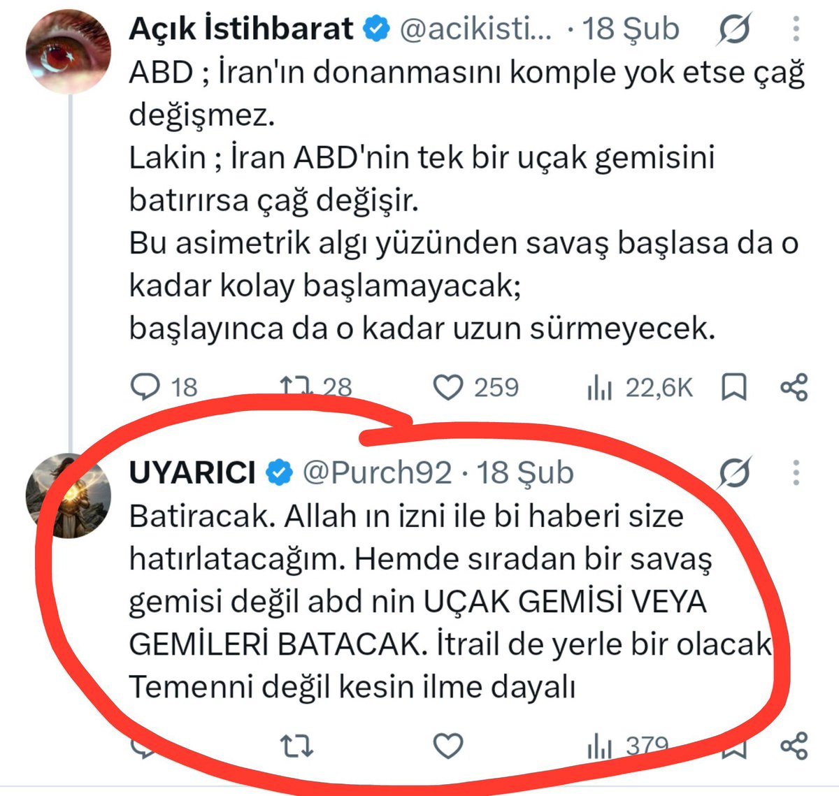 Purch92's tweet photo. Öngörü: 
 #Abd uçak gemisi İran tarafından batırılacak ❗ 

  Bu öngörüm inşallah yaşanırsa tatlılar benden. 

Aşağıdaki resimde bulunan gönderiye lütfen dikkat. 18.subat 2026 da Abd uçak gemisi batacak demiştim ve bunu dünyada diyen yoktu daha önce. Ardından 01 Mart 2026 da #Abd uçak gemisinin #İran tarafından vurulduğu haberi yayınlandı. Ben bunu yazdığım zaman bu bazıları için hayalden öte bir durumdu 👊🏻