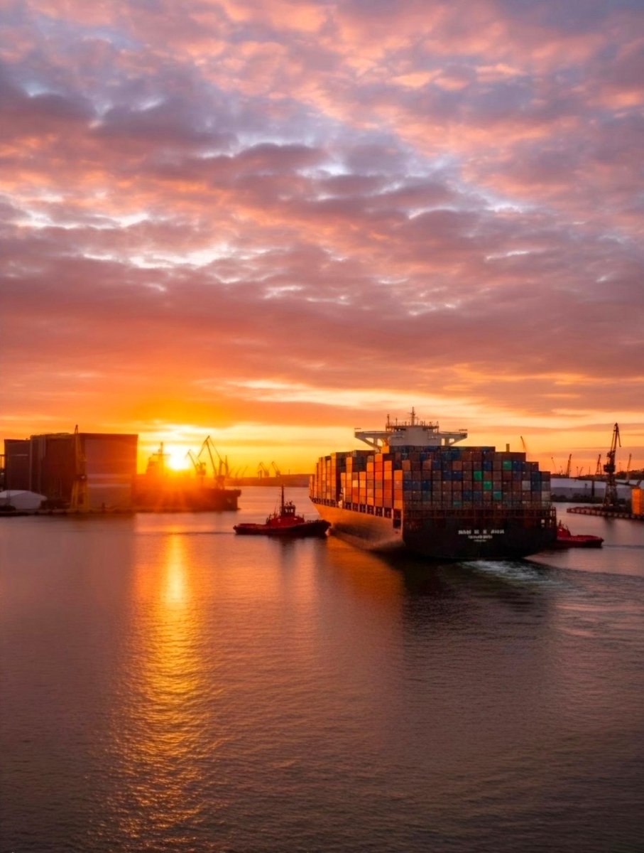 SolangeBregy's tweet photo. Port of Gdynia — sunrise at the main entrance, with a giant container ship in the background. https://t.co/JDGKTBfFB9