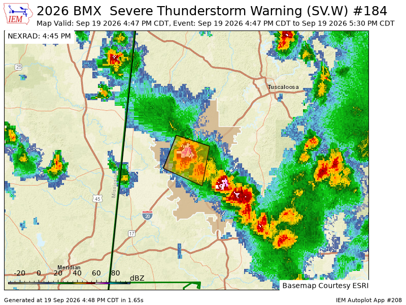 FayCoALARC's tweet photo. BMX issues Severe Thunderstorm Warning [wind: 60 MPH (RADAR INDICATED), hail: 0.75 IN (RADAR INDICATED)] for Greene [AL] till 5:30 PM CDT https://t.co/mqNJZ7k3Wb https://t.co/SIvIMyyMGp