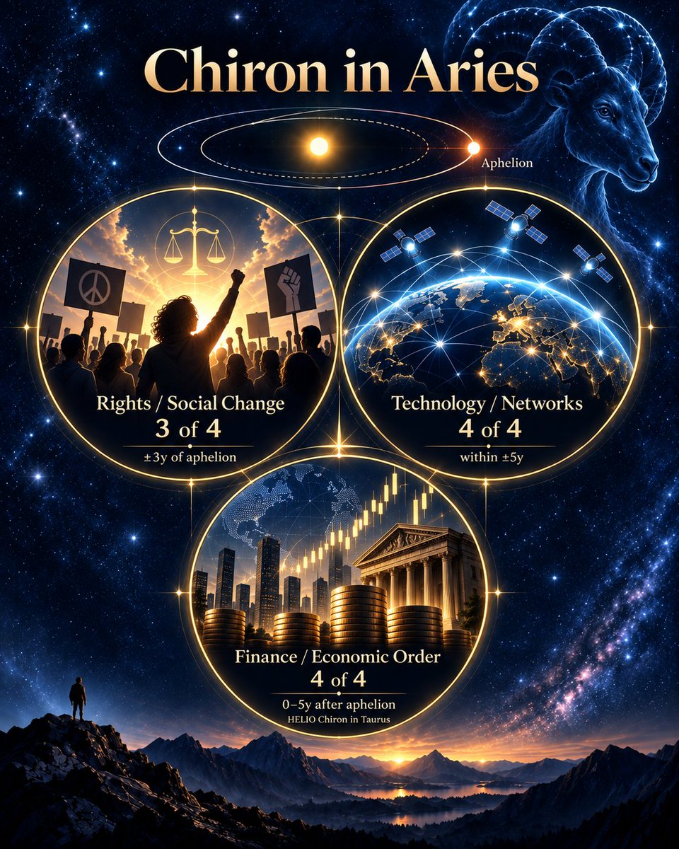 margo_amala's tweet photo. September 19, 2026 Chiron retrogrades from Taurus back into Aries, reopening themes that have been developing since its first Aries ingress in 2018:
Identity, autonomy and leadership
Personal and collective agency
Rights and social movements
Technological and communications networks

Chiron's brief move into Taurus introduced a new set of themes around resources, agriculture, food production, land, water and commodity scarcity.

One market hypothesis I’m tracking is whether strength in agricultural commodities begins to consolidate as Chiron retreats into Aries, before those Taurus themes are reignited when Chiron returns to Taurus in 2027.

HELIOCENTRIC Chiron remains in Aries until March 13, 2026.  Aries is the slowest part of Chiron’s orbit, near aphelion and closest to the orbital region of Uranus.

This matters because Chiron may not behave as one uniform 50-year cycle. My current working hypothesis is that Chiron behaves more Uranian near aphelion and progressively more Saturnian as it moves inward toward perihelion.

Tesing roughly 200 years of history: four Chiron cycles, I found that Uranus-side/aphelion periods repeatedly clustered around:

Rights/social-change events appeared in 3 of 4 cycles within ±3 years of aphelion, versus none of the four perihelion windows.

Technology/network events appeared in all 4 aphelion cycles within ±5 years.

From a financial perspective, all 4 aphelion cohorts contained a major financial/economic-order event within five years AFTER aphelion - taking place while HELIO Chiron is in Taurus.

#astrology works.