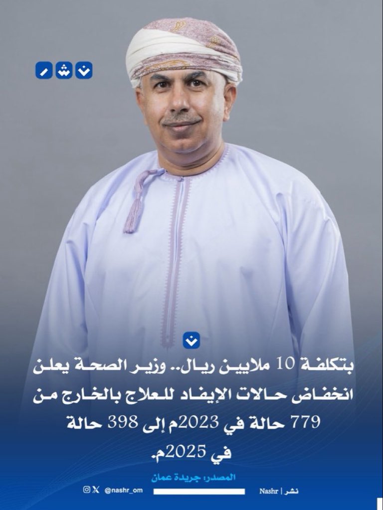 sjadad1's tweet photo. ممكن معرفة سبب هذا الانخفاض بالتحديد؟

هل يعود ذلك إلى امتناعكم عن تحمّل تكاليف علاج بعض المرضى، وترك المجتمع يتكفّل بجمع التبرعات لتسفير مرضاهم للعلاج في الخارج؟ أم أن السبب هو توفير العلاج داخل سلطنة عُمان، وبالتالي انخفاض الحاجة إلى تسفير المرضى؟

لا بد من توضيح أسباب هذا الانخفاض وبالتفصيل، خصوصًا أن طرح مثل هذه الأخبار يأتي في ظل مناشدات بعض المرضى لتسفيرهم إلى الخارج للعلاج، وقيام حملات تبرع لتوفير تكاليف علاجهم.

وفي ظل ذلك، فإن تأكيدكم أن أعداد المرضى الذين يتم تسفيرهم للعلاج في الخارج انخفضت إلى النصف تقريبًا، وأن هذا الانخفاض أسهم في توفير نحو 10 ملايين ريال، قد يُفهم أو يُفسَّر بصورة سلبية إذا لم توضحوا الأسباب والتفاصيل.

لذلك، أعتقد أن من المهم توضيح أسباب هذا الانخفاض، وبيان ما إذا كان ناتجًا عن توفير العلاج داخل السلطنة، أم عن تغيّر في آلية اعتماد حالات التسفير، أم عن أسباب أخرى، مع توضيح أثر ذلك على المرضى الذين ما زالوا بحاجة إلى العلاج في الخارج.