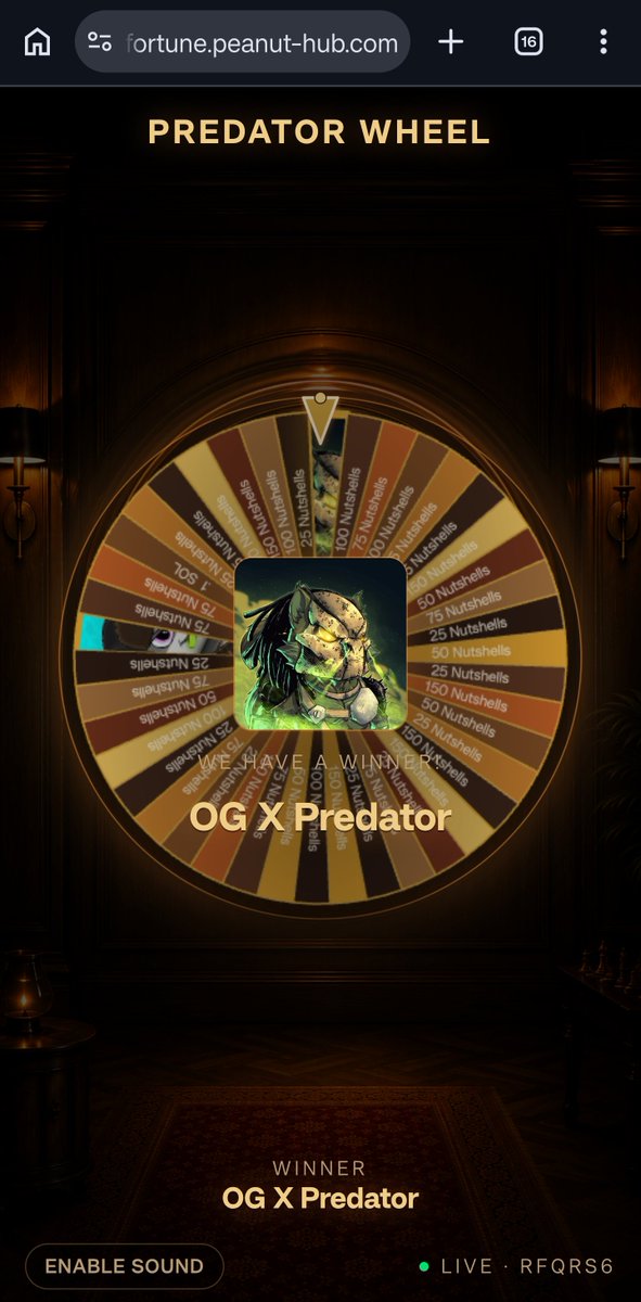 ValomCratch's tweet photo. The @OgPeanut_solana Predator 1/1 has finally been claimed! 

@0xalphalune landed this mega grail on the wheel today. Somehow this legendary PP avoided being landed on for so many weeks but not today. 

GG brother! https://t.co/zUe90VOjHq