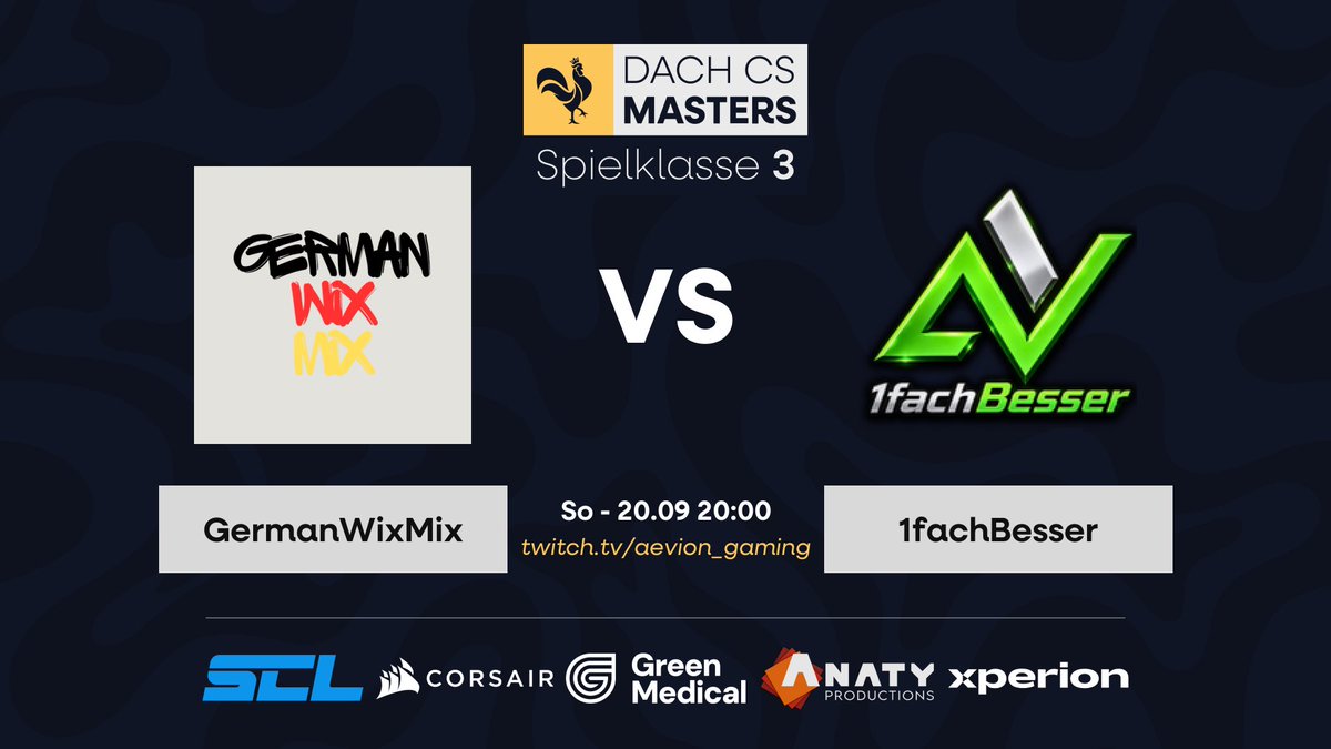 AevionGamingde's tweet photo. 🔥 MATCHDAY! 🔥

GermanWixMix trifft in der DACH CS Masters – Spielklasse 3 auf 1fachBesser! ⚔️

📅 Sonntag, 20.09.
⏰ 20:00 Uhr
📺 https://t.co/JuB7SYsXjj

Seid live dabei und feuert die Teams an! Wer holt sich den Sieg? 👀

#DACHCSMasters #CounterStrike #Esports #GermanWixMix #1fachBesser