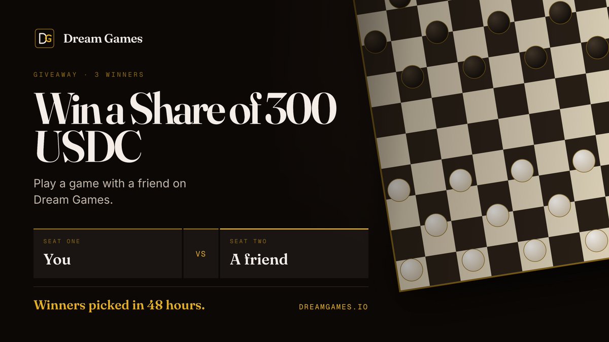0xDreamGames's tweet photo. We're splitting 300 USDC between 3 winners. 100USDC each.

To enter:

1. Play a game with a friend on Dream Games
2. Reply with a screenshot of your match and tag your friend
3. Follow @0xDreamGames, like and repost this post

Winners picked in 48 hours ♟️ https://t.co/IycnK91O0g