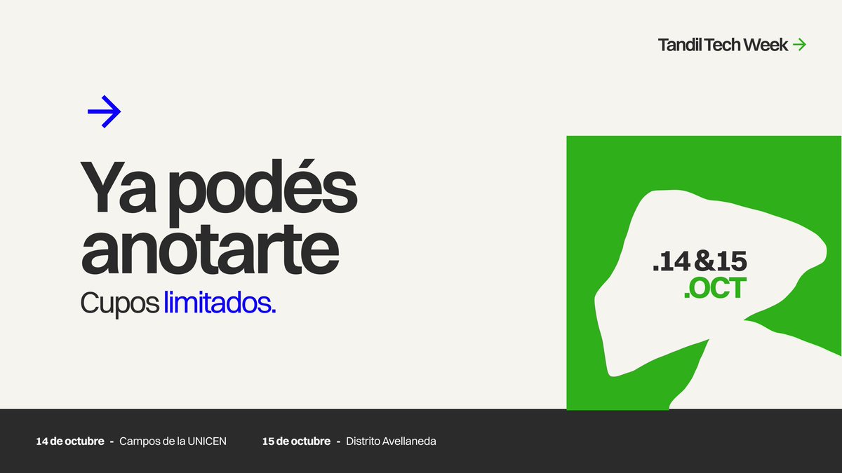Tandiltechweek's tweet photo. Ya podés anotarte a la Tandil Tech Week.
Los cupos son limitados y la inscripción se aprueba a mano así que cuanto antes te inscribas, mejor. En nuestro perfil encontrás el link. https://t.co/SDiT7CFdI1