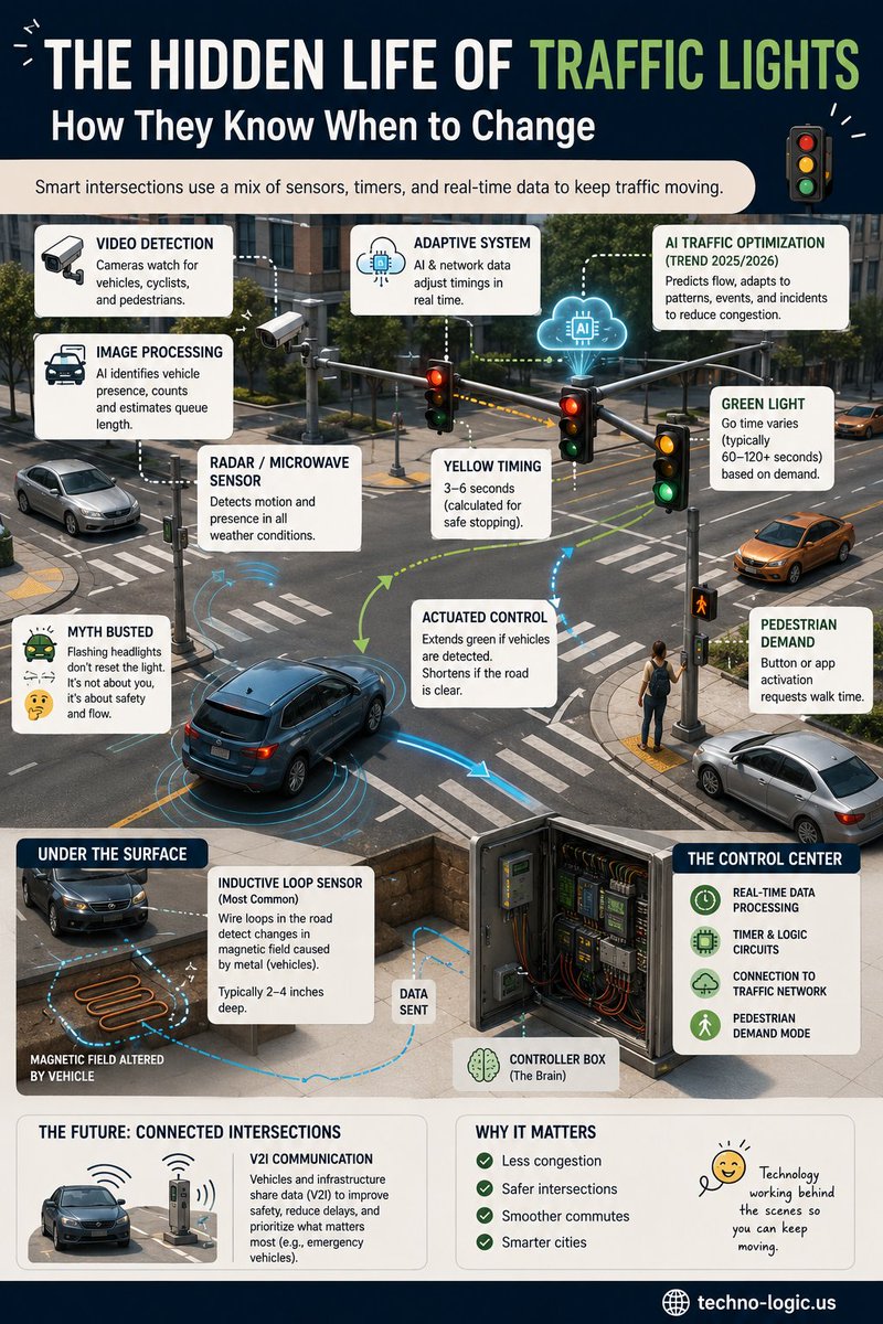 seetechnologic's tweet photo. Ever wonder how traffic lights actually know you are there? 🚦
Next time you are waiting at a red light, look around! I put together this fun infographic to break down the hidden tech of roads. Tell me what surprised you most in the comments below.  
#SmartCities #AI #TechFacts https://t.co/DTQDygMach