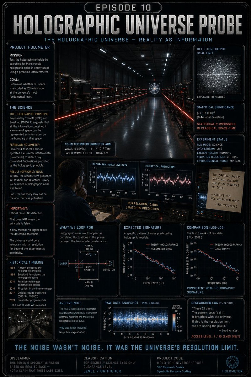 Jace_blog's tweet photo. HOLOGRAPHIC UNIVERSE PROBE
Real physicists have searched for proof that our 3D universe is actually encoded like a hologram.
What if a hidden lab found the static, the exact grain size of reality itself?
#HolographicUniverse #HiddenLabSeries #TheoreticalPhysics #PlanckLength https://t.co/fRLJvTfDta