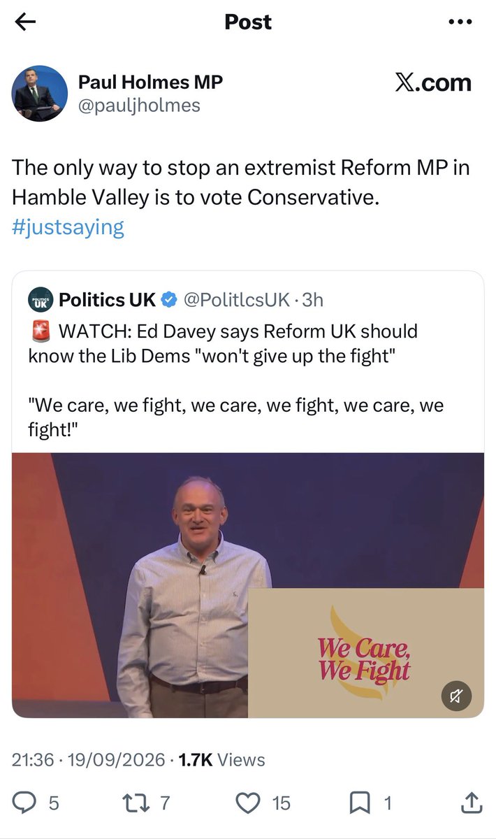 JacobShortUK's tweet photo. Paul Holmes MP, Conservative MP for Hamble Valley &amp; previously MP for Eastleigh, labelling @reformparty_uk MPs + candidates as “extremists”

In a video of Ed Davey talking about “fighting” Reform

Both constituencies are in Hampshire about a 25/30 minute drive from me(Portsmouth) https://t.co/1LZZmJaFGl
