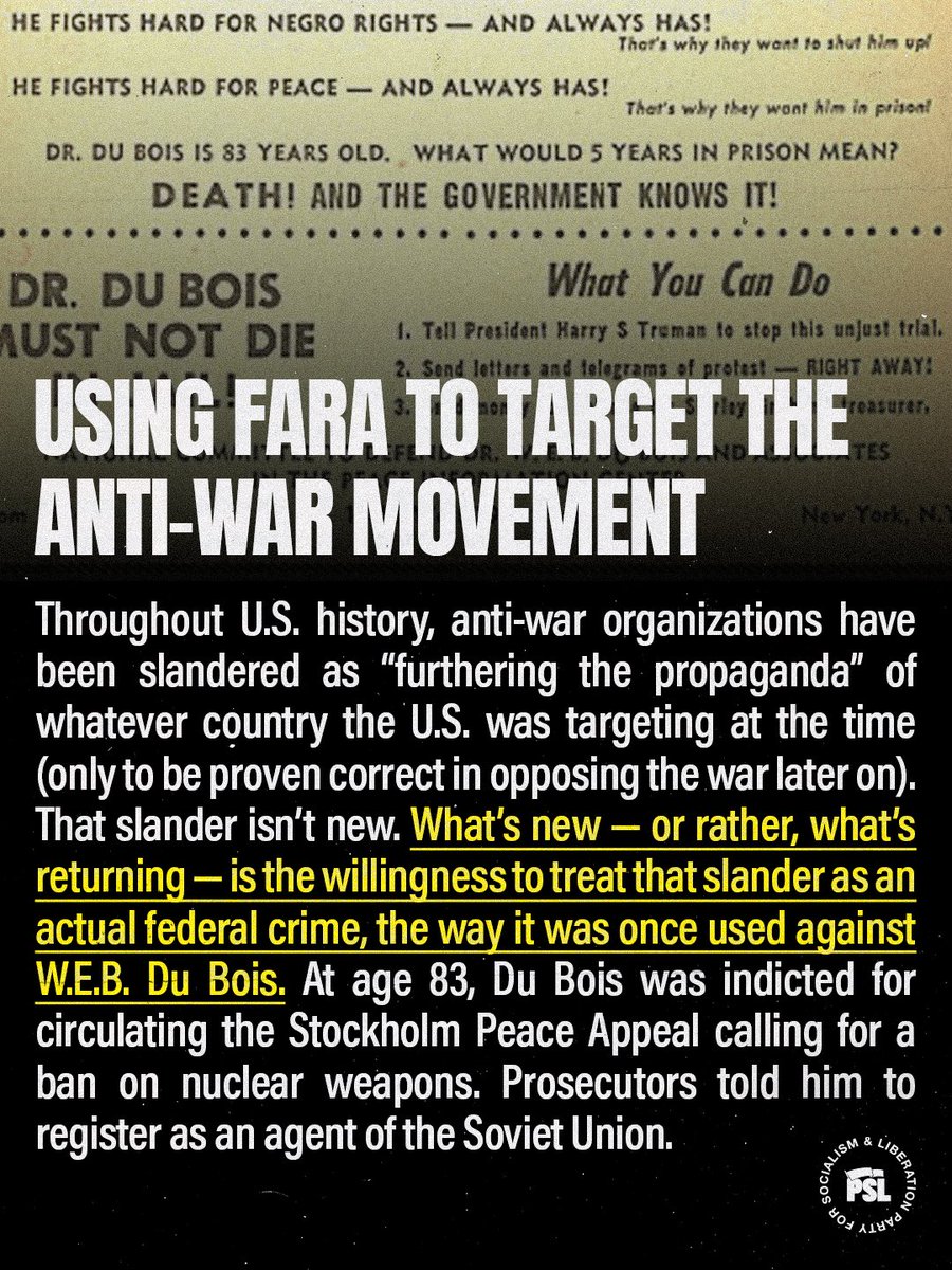pslnational's tweet photo. PSL Statement: Trump’s DOJ wants to criminalize anti-war activism as ‘furthering the goals’ of foreign powers

➡️ Read more about this attack on the First Amendment:
https://t.co/ql7fn9OGAw https://t.co/1cTJSxSGyg