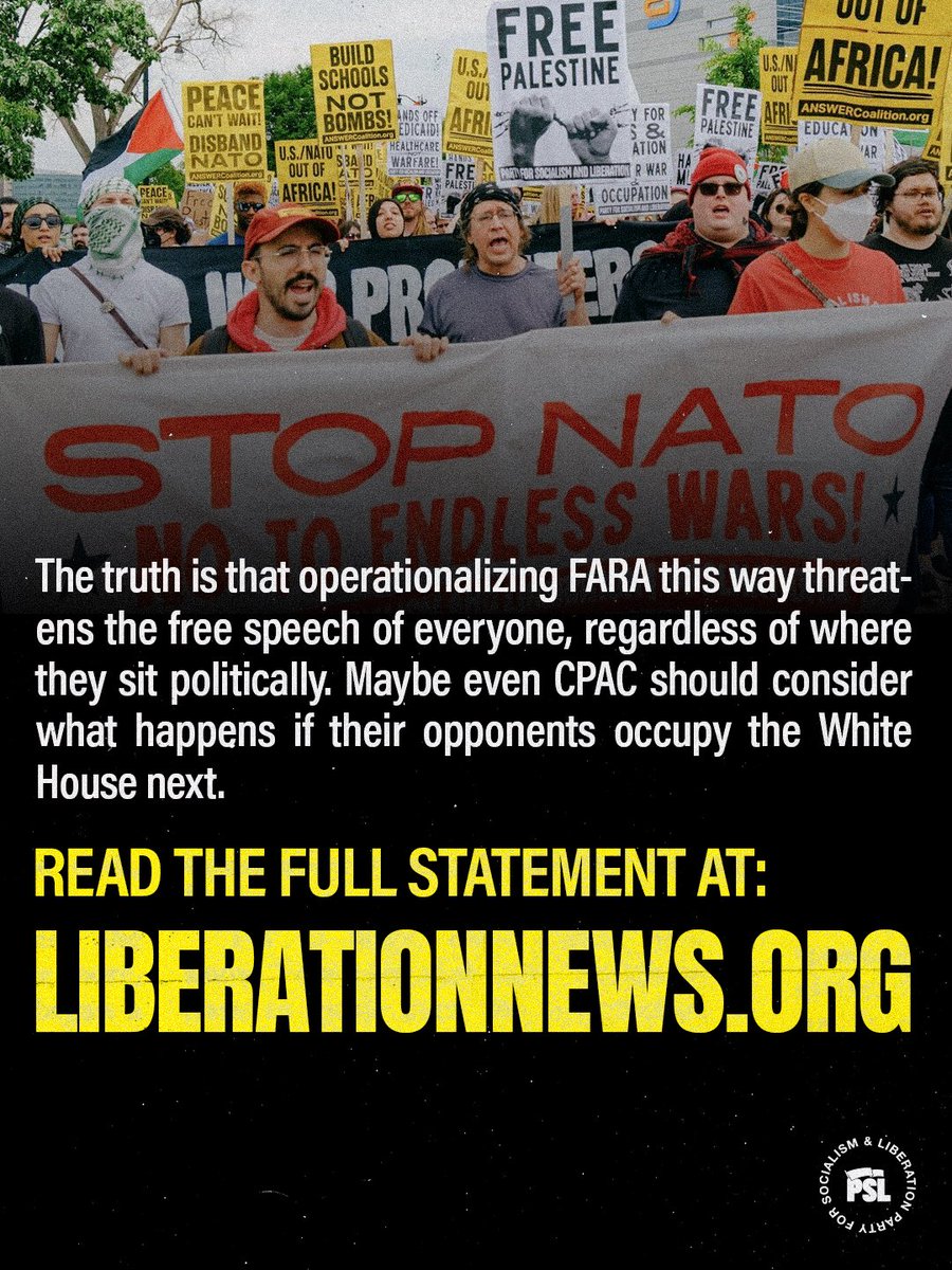 pslnational's tweet photo. PSL Statement: Trump’s DOJ wants to criminalize anti-war activism as ‘furthering the goals’ of foreign powers

➡️ Read more about this attack on the First Amendment:
https://t.co/ql7fn9OGAw https://t.co/1cTJSxSGyg