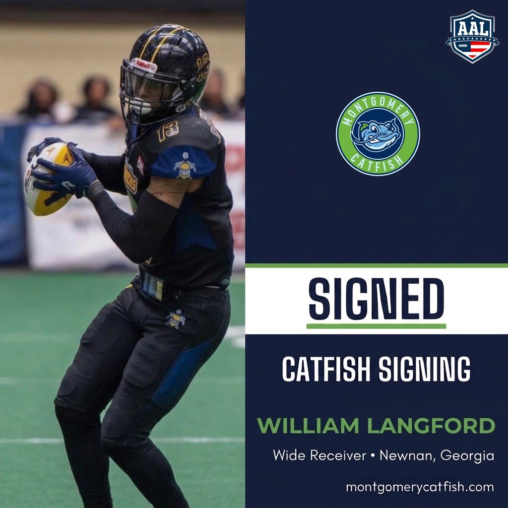 catfisharenafb's tweet photo. WELCOME TO MONTGOMERY, WILLIAM LANGFORD!

We’re excited to announce WR William Langford!

The Newnan, Ga. native brings nearly a decade of pro football experience and three championship runs to Montgomery.

Welcome to the Catfish, William!

#FearTheFin https://t.co/FfOgGB3Hg6