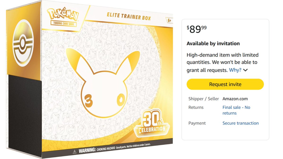 PokemonRestocks's tweet photo. 30th Celebration ETB Invite Requests Still Open on Amazon! 🎉

➡️ https://t.co/qDUb18tsQL

Invites may still be sent out in waves as requests are still open. If selected, you’ll receive an email with a link to purchase valid for 72 hours. If not selected, be sure to request an invite to be eligible for a future invite wave! ⚡️

All 30th Celebration Direct Links
ETB (Request Invite): https://t.co/pn2ov7zAtv
Auto Buy: https://t.co/bNLqdGtxda
Ultra-Premium Collection: https://t.co/ipizYdChD9
Auto Buy: https://t.co/NfCMV3kn0m
Booster Bundle: https://t.co/WzHxA1EzPZ
Auto Buy: https://t.co/zajaXxDAbx
Ditto Premium Collection: https://t.co/EfwLfOiFbh
Auto Buy: https://t.co/RVmEPR4J1y
Mew & Mewtwo Figure Collection: https://t.co/nFg4su0u48
Auto Buy: https://t.co/HfpRdDsxr7
Greninja & Sylveon ex Boxes: https://t.co/rtyLTwcyPw
Auto Buy: https://t.co/DjxtjPpt2z
Poster Collection: https://t.co/qMGWHua3MY
Auto Buy: https://t.co/d0I44Eg1fs
Binder Collection: https://t.co/VphAhu53Yw
Auto Buy: https://t.co/8meKSBBzRM
Mini Tins: https://t.co/4DLMWFkjZk
Auto Buy: https://t.co/ODy5qqzbUw
Tech Sticker Collections: https://t.co/62277flamT
Auto Buy: https://t.co/QUVig9QRvy
Greninja & Sylveon Tins: https://t.co/YKne4PpIo5
Auto Buy: https://t.co/bjifHhjCSV
Umbreon & Espeon Battle Decks: https://t.co/EBefvzXAiA
Auto Buy: https://t.co/gZz9NqgSmq
Knockout Collection: https://t.co/GsieZVo4z8
Auto Buy: https://t.co/Kwc9ySyLy4

We'll post any other 30th Celebration drops or restocks! 🔔
#Pokemon #PokemonTCG #ad