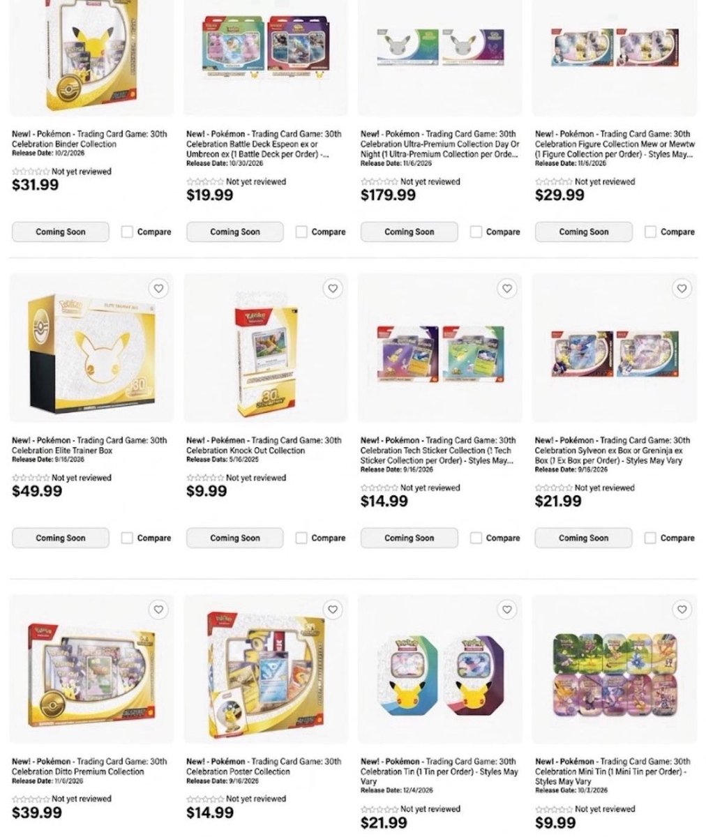pokemadness34's tweet photo. Best Buy has listed the Pokemon 30th Celebration collection 🚨⏰

(Will be invite only) 📩🚨
Bookmark & Save This Post & Turn Post Notifications on 🚨🛎️🔕

All items listed below 👇 
📆

⚡ BEST BUY 30TH CELEBRATION DROP LINKS ⚡
Featured Collections & Premium Boxes
 👑 Ultra-Premium Collection: https://t.co/9lFWxSqNwd
 📦 Elite Trainer Box: https://t.co/LK5uZ4IIcG
 🟣 Ditto Premium Collection: https://t.co/QVkrnsm1mF
 🗿 Figure Collection (Mew / Mewtwo): https://t.co/DiTS95IAVt
Booster Bundles & Tins
 💣 Booster Bundle: https://t.co/gNur4gLzak
 🥫 Mini Tins: https://t.co/a3OD0dB6Nu
 🥊 Knock Out Collection: https://t.co/h9ymM9i70W
Specialty & Battle Collections
 🎀 Sylveon ex / Greninja ex Box: https://t.co/NzwYsUtb6y
 🌙 Battle Deck (Espeon ex / Umbreon ex): https://t.co/AyWitMQgnZ
 📖 Binder Collection: https://t.co/yl58zJ0jlp
 🖼️ Poster Collection: https://t.co/RL3ul1RvF8
 🏷️ Tech Sticker Collection: https://t.co/jH49iQIwNy