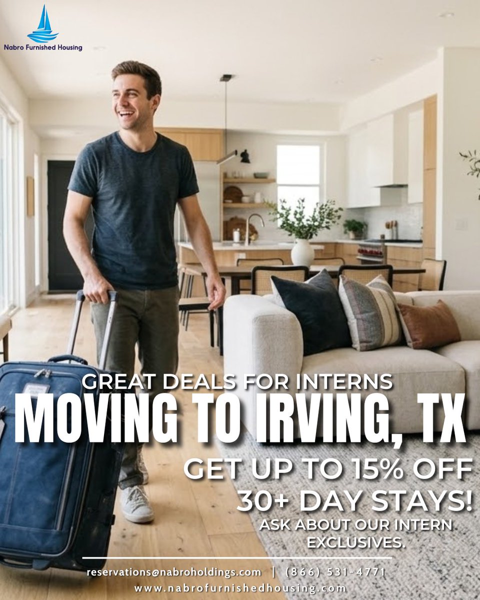 nabrohousing's tweet photo. Starting an internship or co-op program in Irving, TX? 
Nabro has GREAT DEALS FOR INTERNS! Get UP TO 15% OFF 30+ day stays!
⚡ Fast Wi-Fi &amp; all utilities included
🔑 Flexible 30+ day stays, no long-term lease
📍 Close to Las Colinas corporate hubs &amp; DFW Airport https://t.co/xZGsNej2ua