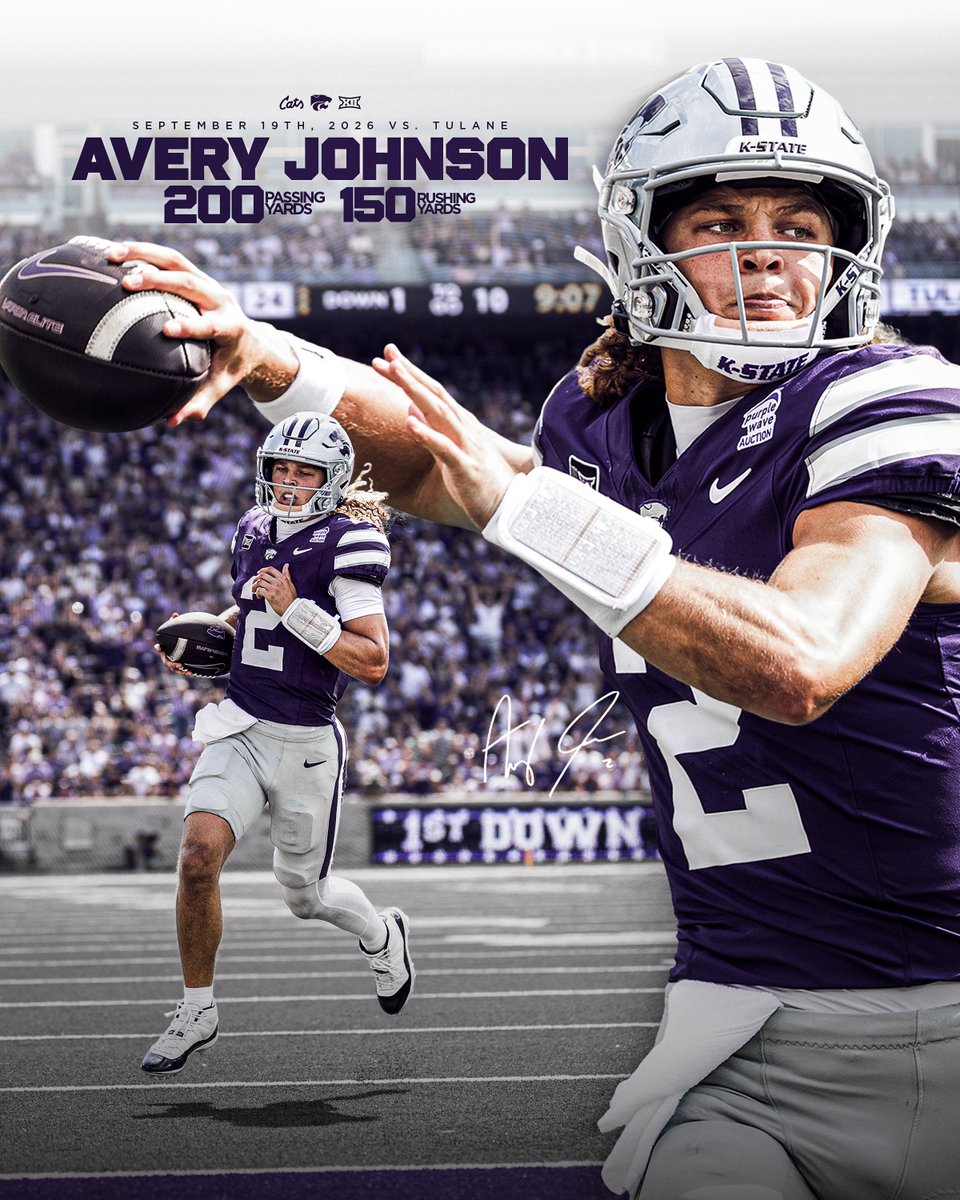 KStateFB's tweet photo. Dual-threat 🔥

@avery2johnson is the first player in K-State history (𝟣𝟦𝗍𝗁 𝗂𝗇 𝖡𝗂𝗀 𝟣𝟤 𝗁𝗂𝗌𝗍𝗈𝗋𝗒) with 200 passing yards and 150 rushing yards in a single game. https://t.co/uwYNemBOBK