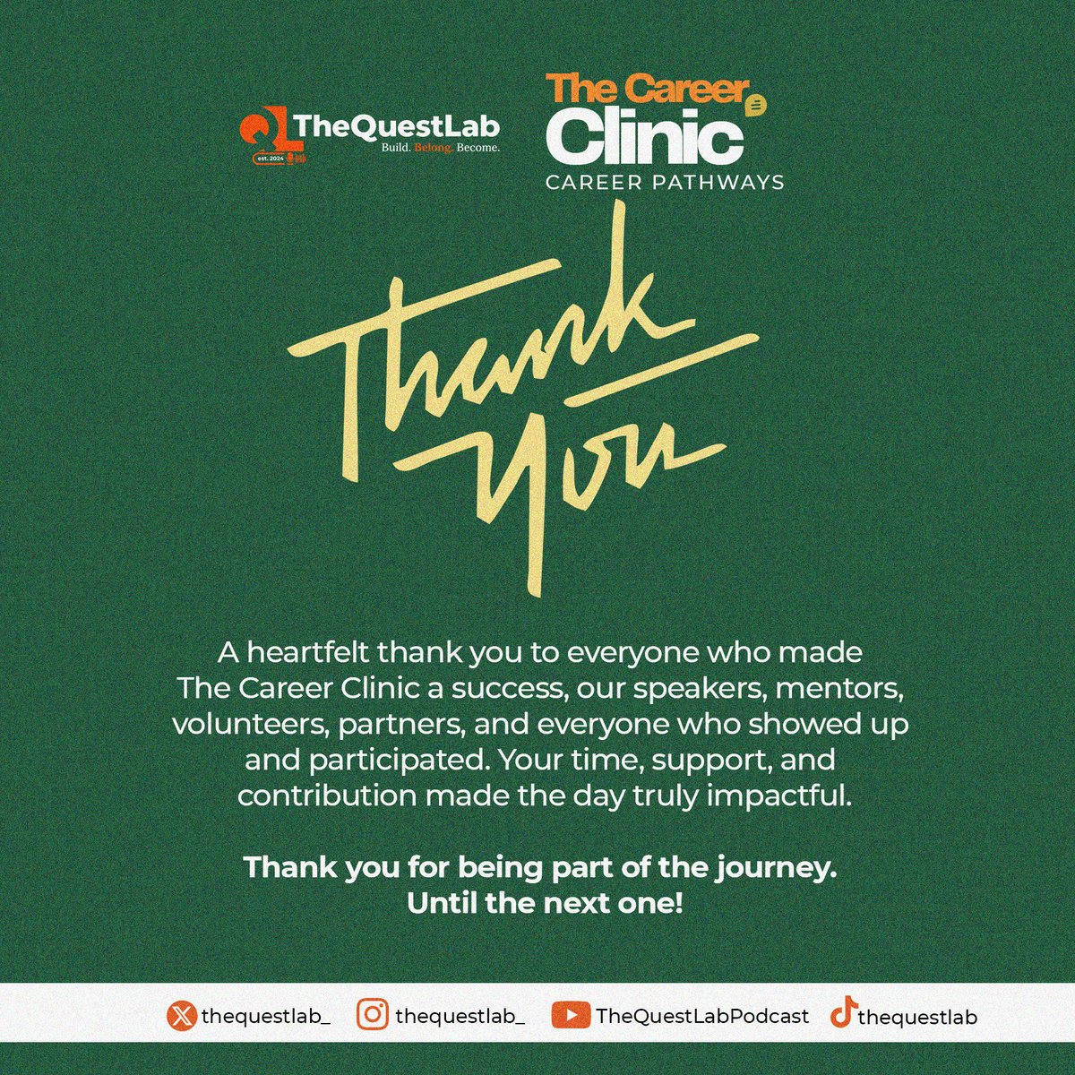 thequestlab_'s tweet photo. WE DID IT! 🧡🚀

Huge thanks to our speakers, incredible team, partners &amp; everyone who showed up for #TheQuestLab Career Clinic 2026.

You shared, served, connected &amp; helped bring the vision to life.

The event is over, but the journey is just beginning. 🧡 https://t.co/mRGcITz12B