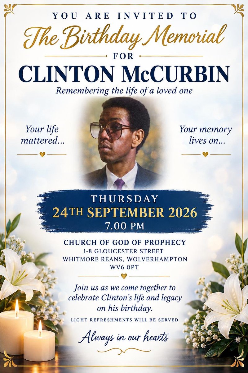 ppvernon's tweet photo. You are warmly invited to a special Birthday Memorial Celebration of Remembrance, Hope and Healing for Clinton McCurbin, on what would have been his 64th birthday.
We are also raising funds for a Blue Plaque in Clinton’s memory
Donate:
https://t.co/vcJoJWyLZg https://t.co/J6Ogp7jHpI