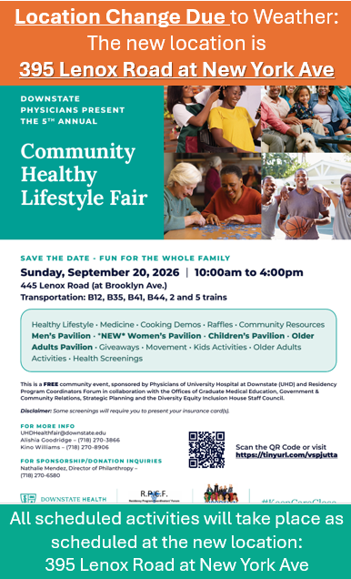 sunydownstate's tweet photo. Please note that the new location for the Community Healthy Lifestyle Fair on 9/20/2026 will be 395 Lenox Road (at New York Avenue). https://t.co/IaQ3qPi6QU