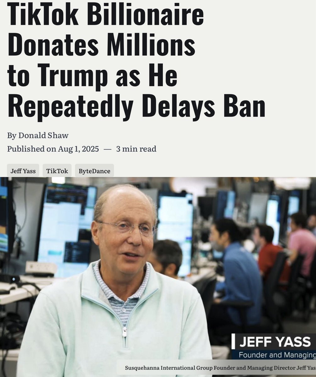 KilkennyTek's tweet photo. @Swamp__Watch Jeff Yass. Remember the #BanTikTok days? Yass bought #TrumpInc too. Same crap. Susie Wiles launders the money for these crooks. The money you “see” barely scratches the surface. #ByronDonalds is garbage. #NeverByron https://t.co/XTBOSa7yQn