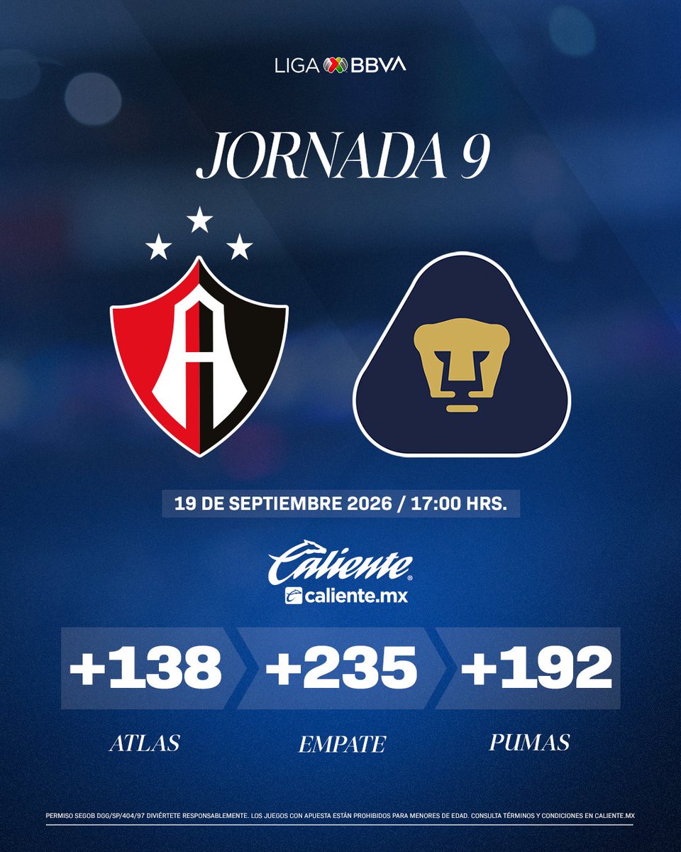 LigaBBVAMX's tweet photo. Juegazo en el Jalisco. 🏟️
@AtlasFC 🆚 @PumasMX
¡Regístrate ahora en @calientesports y RECIBE $1,000 DE REGALO para comenzar a apostar! 📲 Da clic aquí: https://t.co/e6IsXDY6sp
🔥 #MásAcciónMásDiversión | #Momios
#LaLigaDeLaAfición✨| #J9 | #AP26 | #ATSUNAM https://t.co/yCEefIN6Ui