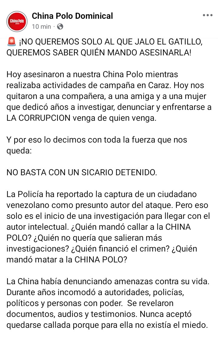 DanielSaC007's tweet photo. El equipo de producción de la periodista y candidata @Chinapolodomin se pronuncia exigiendo una investigación completa para dar con los responsables directos del crimen y piden garantías para todo el equipo que ha trabajado con ella. https://t.co/shKuTchiTZ