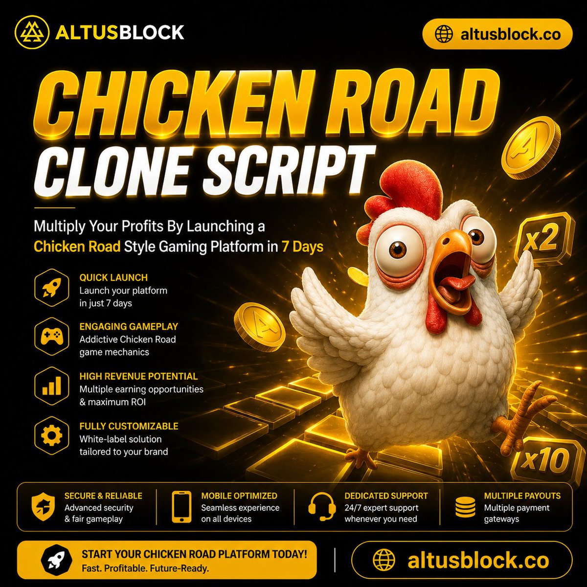 altusblock's tweet photo. 🐔🔥 Build Your Own Chicken Road-Style Gaming Platform!

Take your gaming concept from an idea to a branded, interactive platform with a customizable Chicken Road-style game solution. 🎮🚀

⚡ Built for modern gaming experiences:

🚀 Quick Launch — Get your platform ready faster
🎮 Engaging Gameplay — Create an exciting and interactive player experience
⚙️ Fully Customizable — Customize branding, UI, features and game mechanics
📱 Mobile Optimized — Designed for smooth experiences across devices
🔐 Security-Focused — Build with reliable platform architecture
💳 Multiple Payment Options — Integrate suitable payment workflows
📈 Scalable Infrastructure — Designed to support growing user activity
🛠️ Dedicated Support — Ongoing technical assistance when needed

Create a distinctive gaming platform with your own brand, design, features, and user experience instead of starting from zero. 💡

🚀 Build your platform. Customize your experience. Launch your vision.

🌐 Visit: https://t.co/CXydojTQHW

#GamingPlatform #GameDevelopment #ChickenRoad #iGaming #AltusBlock