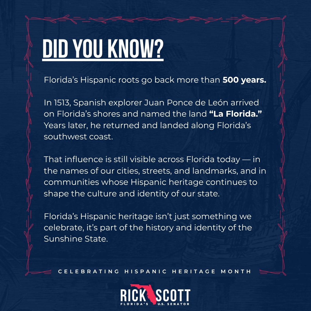 SenRickScott's tweet photo. ‼️ Did you know Florida’s Hispanic roots go back more than 500 YEARS? #HispanicHeritageMonth

READ MORE ⬇️ https://t.co/BmRTdflOL3