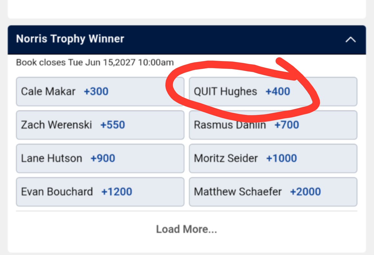 BsamRedZone's tweet photo. Not football related but @PlayNowSports with the ultimate troll job for Quinn Hughes Norris trophy odds 😅😅😅😅😅 https://t.co/6IQyhLQ6F5