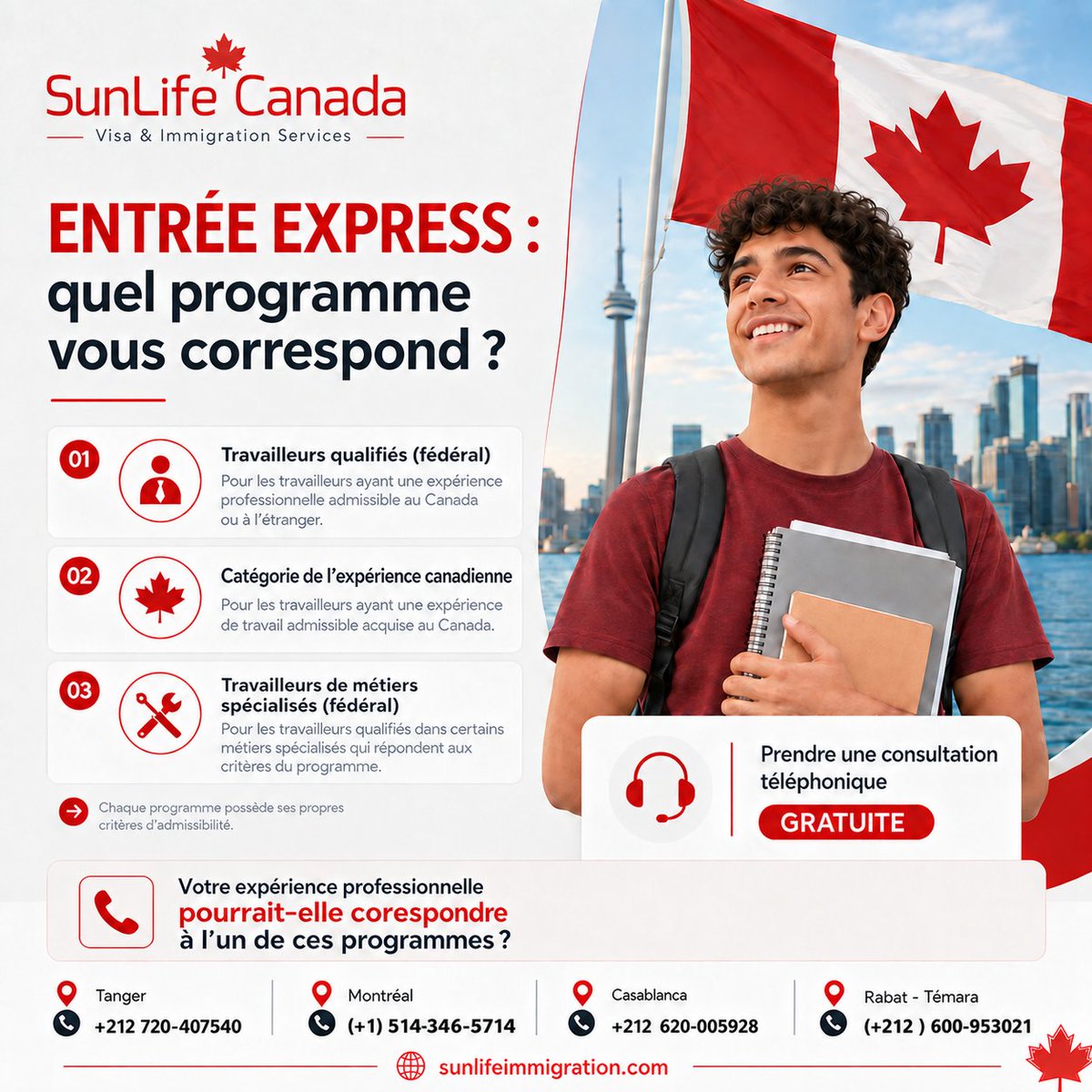 VisaduCanada's tweet photo. 🍁 Entrée Express : quel programme vous correspond ? 

🇨🇦Travailleurs qualifiés, expérience canadienne ou métiers spécialisés : chaque programme a ses propres critères.
📞 Consultation gratuite avec SunLife Canada.
#EntréeExpress #ImmigrationCanada #CabinetDImmigration https://t.co/xgUX16elJr