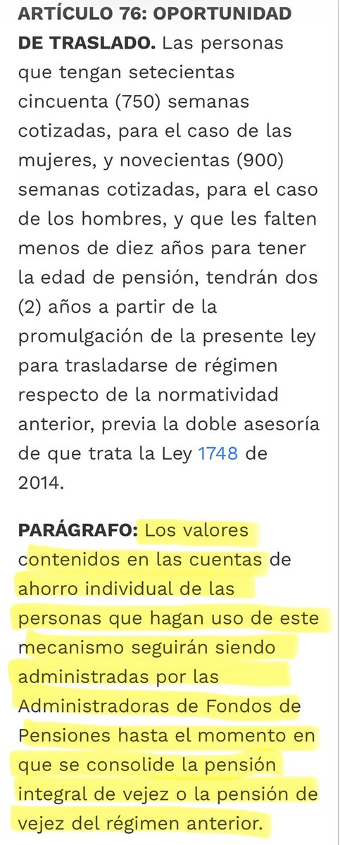 andrespardoa's tweet photo. Dizque “la gran verdad”!!! @wilsonariasc, a ud no le da pena engañar y manipular a la gente? Ud es un congresista!!!! Cómo se atreve a mentir tan descaradamente? Acaso quiere que los fondos violen la ley que uds mismos aprobaron y el decreto que el propio Petro expidió?

1. Artículo 76 de la reforma pensional, que está vigente, dice que esos ahorros DEBEN SEGUIR en los fondos de pensiones hasta que se cumplan requisitos para pensionarse. 

2. Artículo 16 del Decreto 1225 de 2024, expedido por Petro, ordena que los ahorros de las personas que ya cumplan los requisitos para pensionarse, DEBEN SEGUIR en los fondos de pensiones mientras no entre en operación el Fondo de Ahorro del Pilar Contributivo (FAPC). Y el FAPC solo entrará en vigencia en abril de 2027.

Ahí le dejo los dos textos en cuestión.