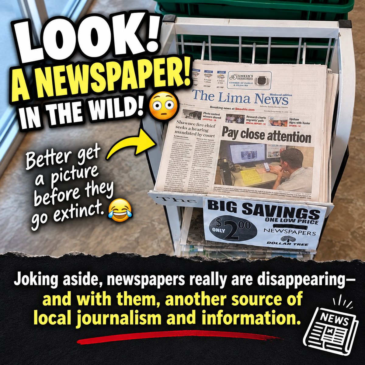 FAB13Media's tweet photo. BREAKING NEWS: I found something very rare. An ACTUAL newspaper. 😲 All kidding aside, there are only about 6,000 surviving newspapers left across the United States. #newspaper #RareFinds #frankjamesbailey #fab13media https://t.co/PbhsWVCfhW