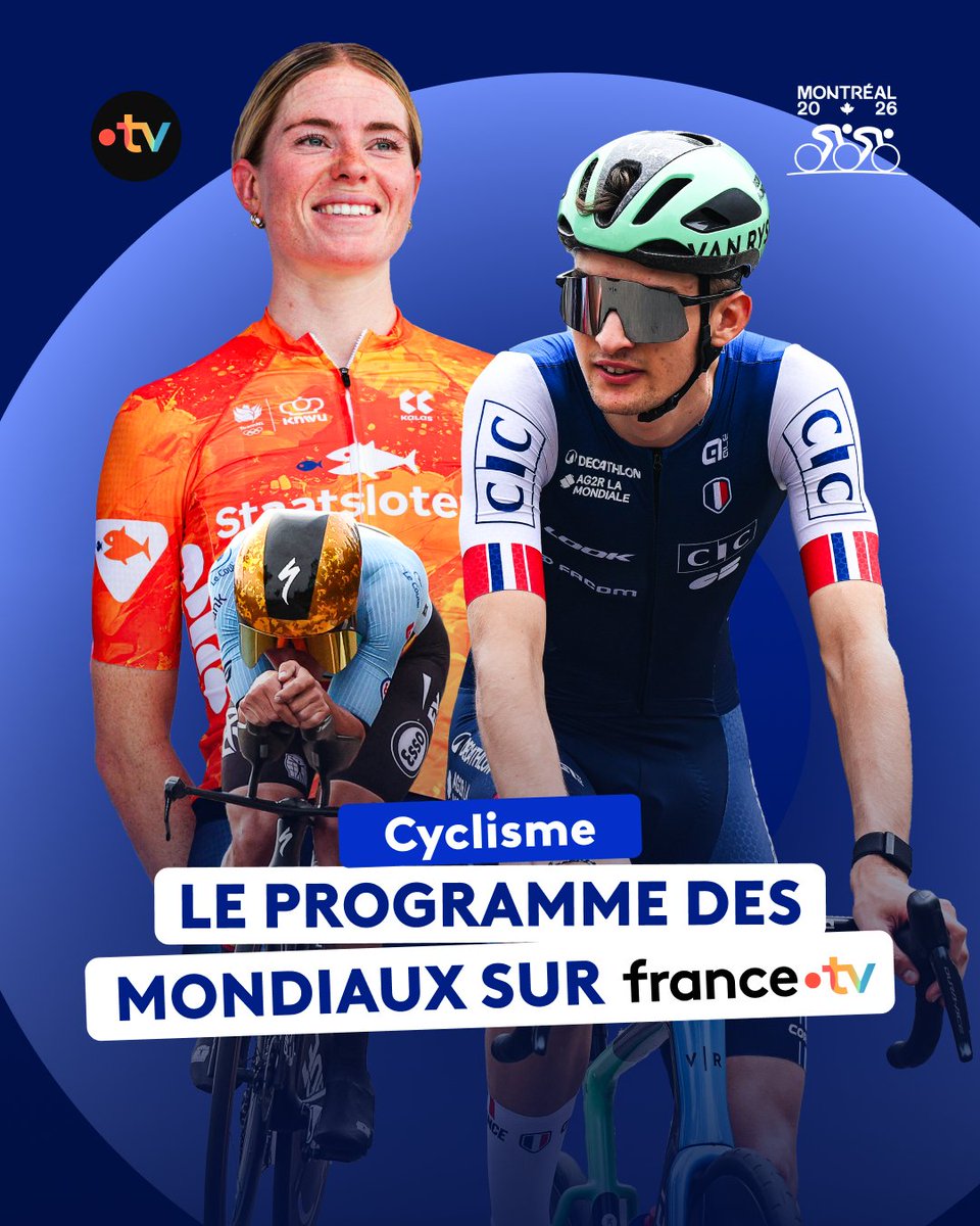 francetvsport's tweet photo. 🚴 #Montréal2026 | 🌈 LES MONDIAUX DE CYCLISME, ÇA COMMENCE AUJOURD'HUI !

📺 Découvrez le programme complet : toutes les épreuves sont à suivre en direct et gratuitement sur notre site sur la chaîne france tv sport !

🔥 Ça commence dès 15h avec le contre-la-montre élite femmes suivi du contre-la-montre élite hommes à 18h45 !