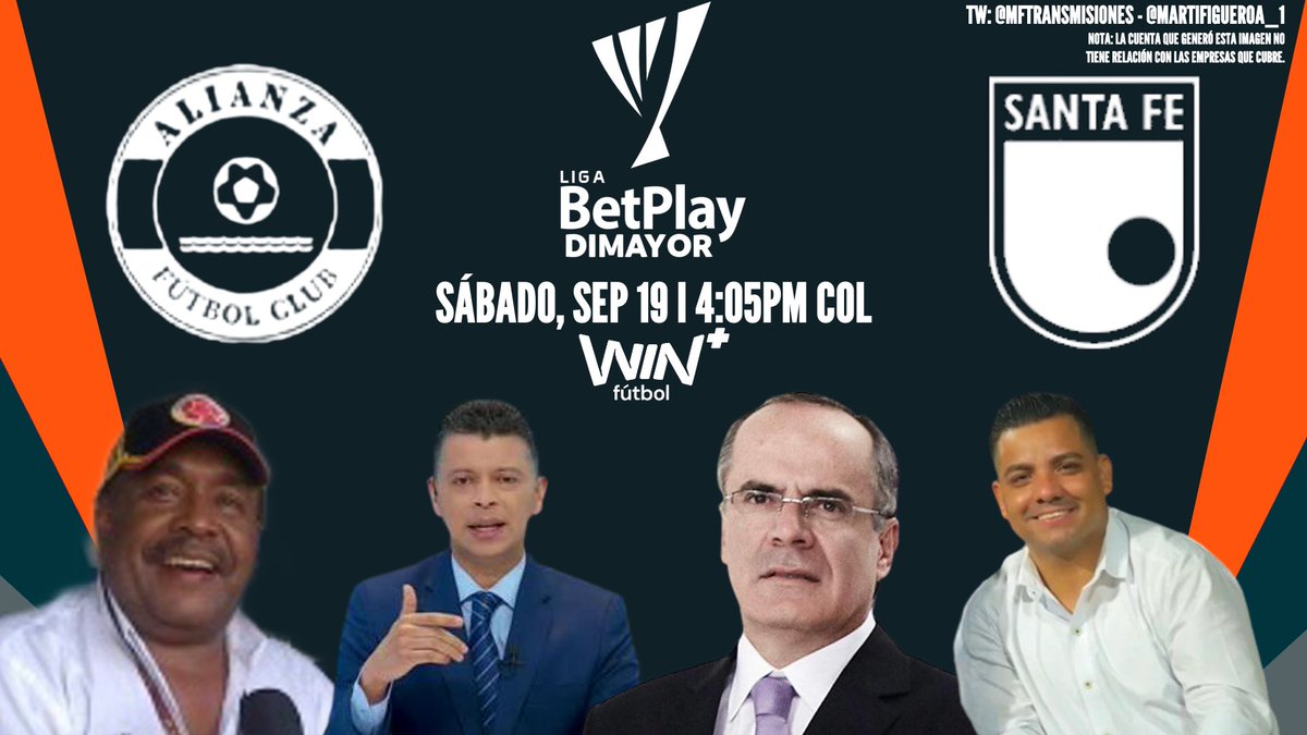 MFTransmisiones's tweet photo. (🚨 EN VIVO)
🇨🇴 @LigaBetPlayD 2026-II - Fecha 11

@AlianzaFc_ofic 🔵⚪️🔴 - @SantaFe 🦁

Relator: Jorge Eliécer Torres
Comentaristas: @CARLOSZAPATA10 y Juan José Peláez
Campo de Juego: @EduardoElReta

📺: @WinSportsTV + Fútbol

📱 ¡Síguenos! https://t.co/mbncC0Ma3v