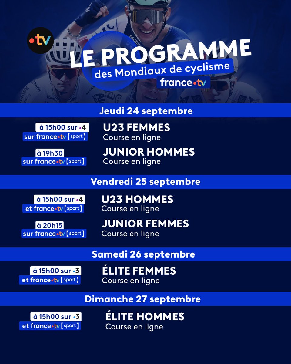 francetvsport's tweet photo. 🚴 #Montréal2026 | 🌈 LES MONDIAUX DE CYCLISME, ÇA COMMENCE AUJOURD'HUI !

📺 Découvrez le programme complet : toutes les épreuves sont à suivre en direct et gratuitement sur notre site sur la chaîne france tv sport !

🔥 Ça commence dès 15h avec le contre-la-montre élite femmes suivi du contre-la-montre élite hommes à 18h45 !