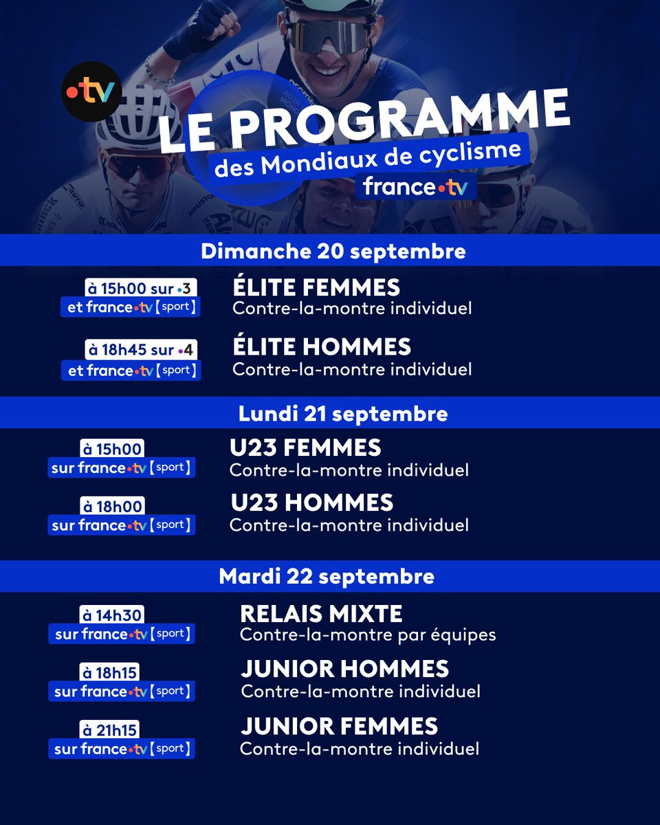 francetvsport's tweet photo. 🚴 #Montréal2026 | 🌈 LES MONDIAUX DE CYCLISME, ÇA COMMENCE AUJOURD'HUI !

📺 Découvrez le programme complet : toutes les épreuves sont à suivre en direct et gratuitement sur notre site sur la chaîne france tv sport !

🔥 Ça commence dès 15h avec le contre-la-montre élite femmes suivi du contre-la-montre élite hommes à 18h45 !