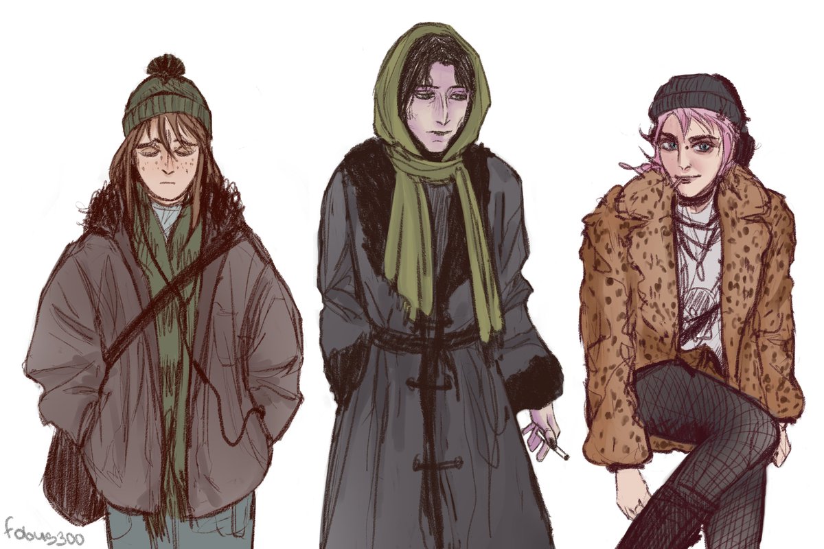 Fobus300's tweet photo. I’m really proud of this drawing. These are my OCs; maybe someday I’ll tell you about their backstory. From left to right: Ellie, Kristina, and Martha(?). They’re a bit WLW. Okay, a lot. Winter outfits!❄️
#art #OC #digitalart https://t.co/ywFlouHGm2