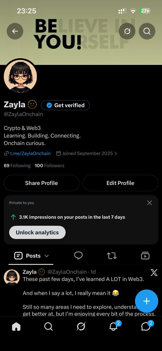 ZaylaOnchain's tweet photo. 100 followers already 🥹🤍

It’s only been 4 days, and I’m honestly so grateful.

Thank you to everyone who followed, interacted with my posts and welcomed me into the space.

I know I still have a long way to go, but I’m enjoying the journey so far.

We keep growing 🫶 https://t.co/vA5IgdHExO