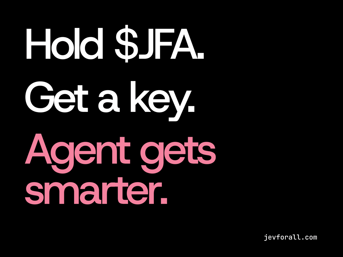 JevForAll's tweet photo. Hold $JFA. Get a key. Your agent gets smarter.

That's the whole pitch 💗 https://t.co/ZxhUUAgvdX