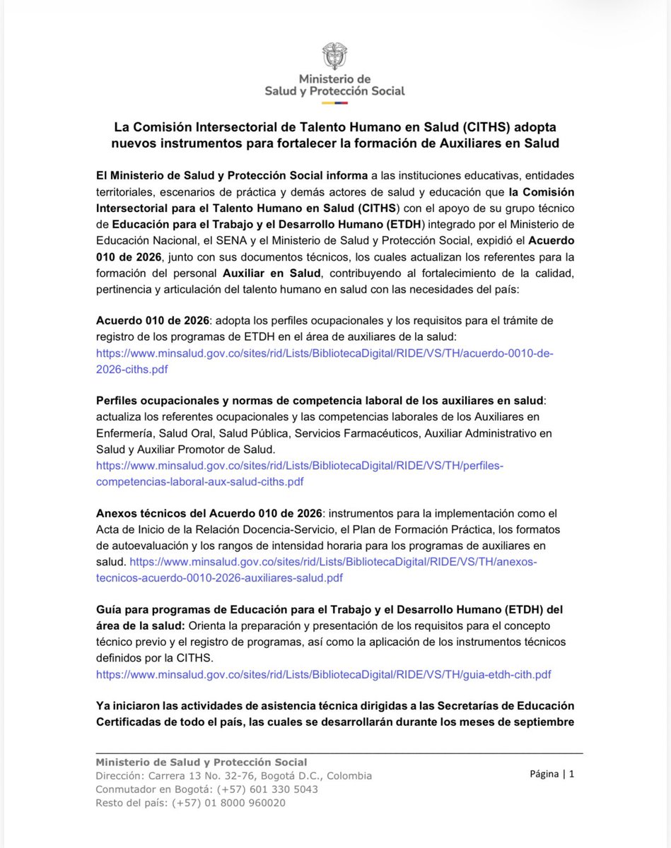 MinSaludCol's tweet photo. #Comunicado | La Comisión Intersectorial de Talento Humano en Salud (CITHS) adopta nuevos instrumentos para fortalecer la formación de Auxiliares en Salud.

El Acuerdo 010 de 2026 actualiza los perfiles ocupacionales, competencias laborales y herramientas para la formación, promoviendo mayor calidad, pertinencia y articulación con las necesidades del país.

Las actividades de asistencia técnica para su implementación ya iniciaron y se desarrollarán durante septiembre y octubre.