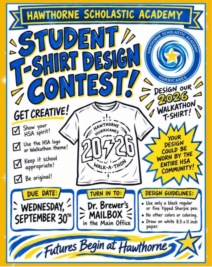 HawthorneAcad's tweet photo. Rainy weekends are made for staying inside, getting cozy, and letting your creativity run wild. It’s the perfect time to sketch out ideas for our Walkathon T-shirt Design Contest! All submissions are due to Dr. Brewer by September 30th 🎨 https://t.co/yaih4hyxx3