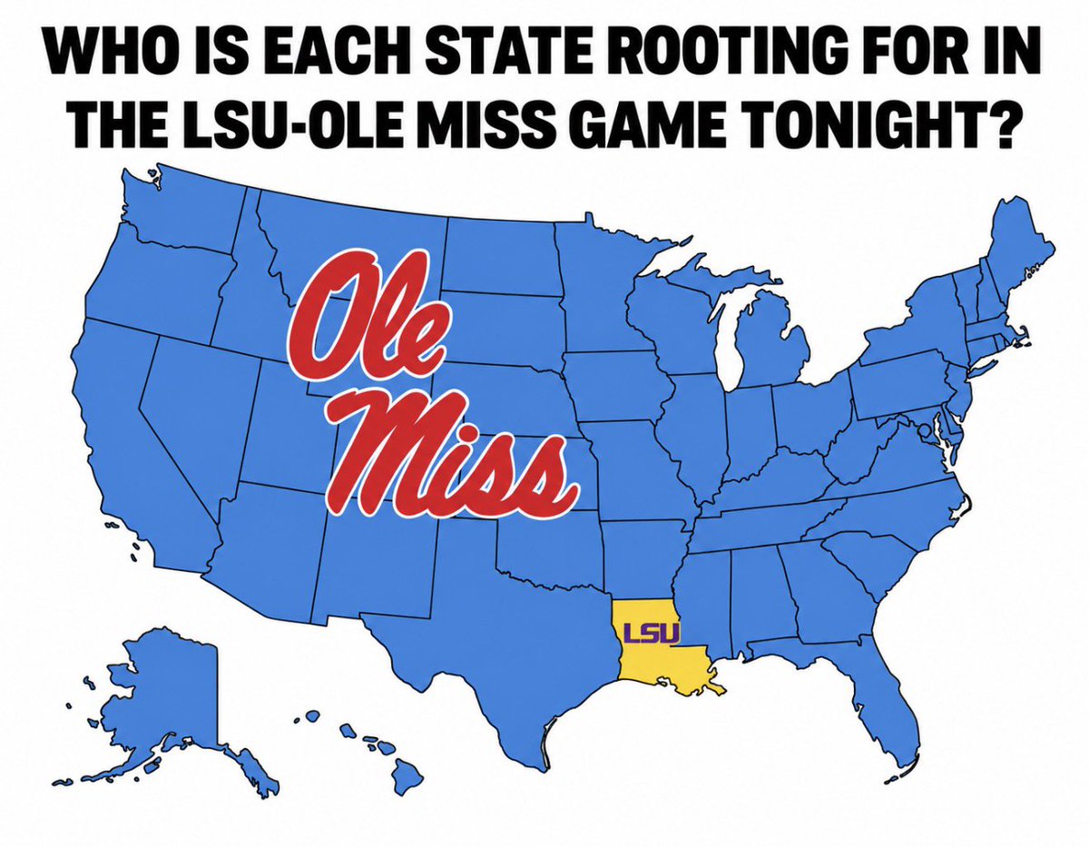 TopTierStateX's tweet photo. Who Each State Is Rooting for in LSU vs. Ole Miss https://t.co/YeudHn3hTH