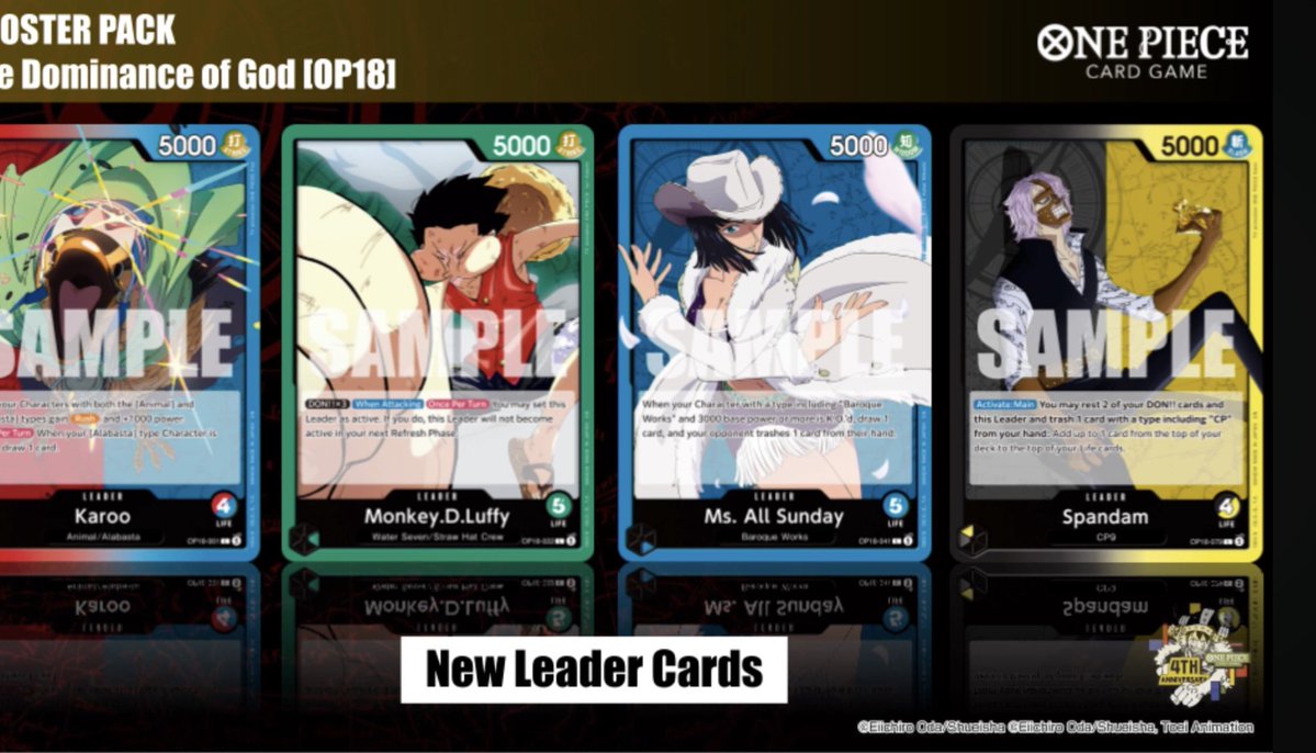 AndyCollectz's tweet photo. Official reveal of 4 leaders in the OP18 The Dominance of God set!

Karoo, Luffy, Ms. All Sunday, &amp; Spandam! https://t.co/1UhAkt7X9x
