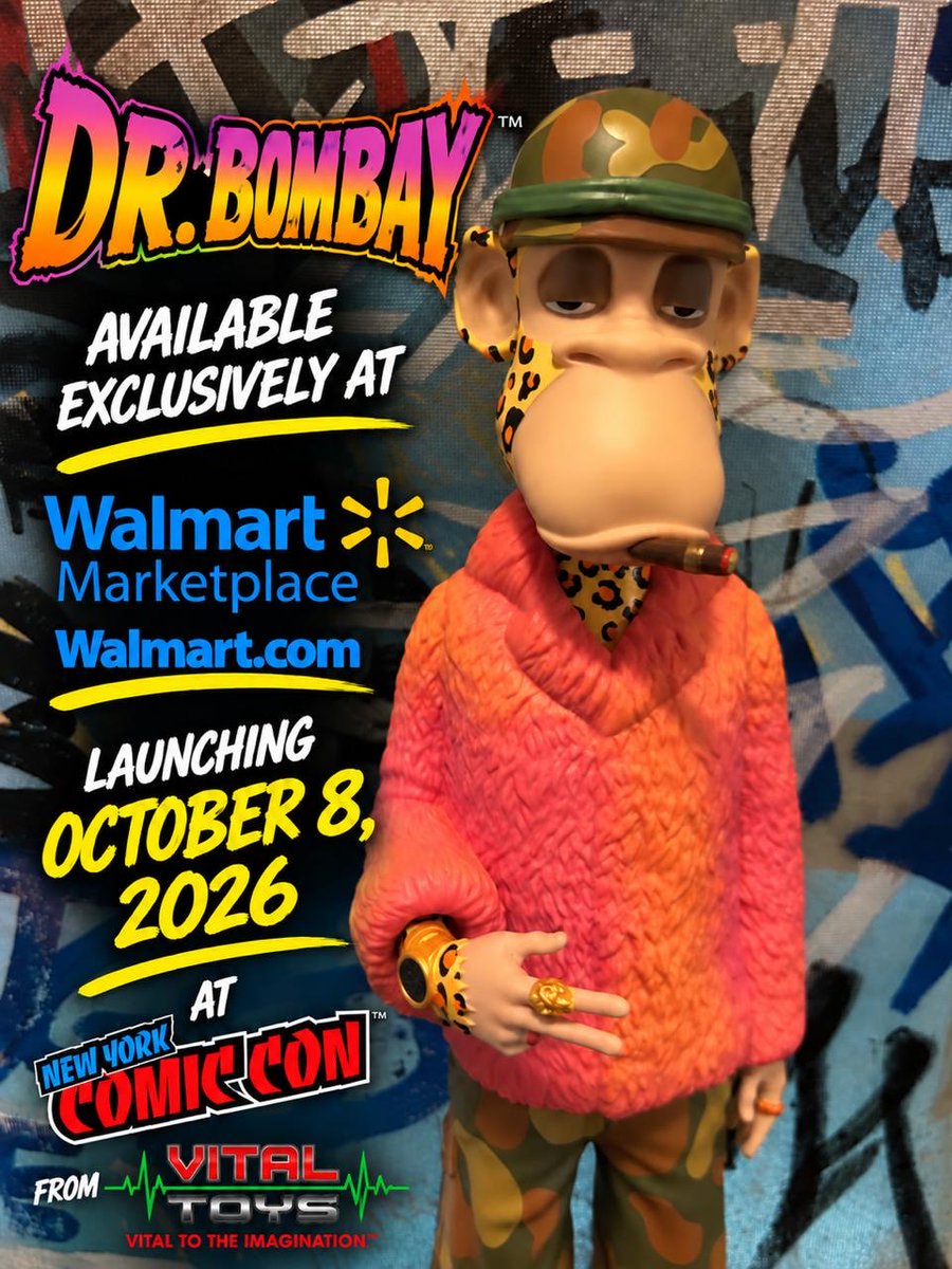 NiftysWorld's tweet photo. Sneak peek 👀🔥

Dr. Bombay is coming to Walmart Marketplace.

Launching October 8 at New York Comic Con.

This is just the beginning. 🐵💥

#DrBombay #Walmart #NYCC #VitalToys https://t.co/3gs686LGEV