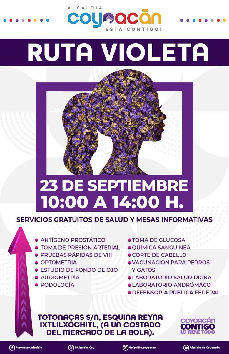 Alcaldia_Coy's tweet photo. 💜 ¡La #RutaVioleta sigue #imparable recorriendo cada rincón de #Coyoacán!
El 📅 23 de septiembre estaremos en📍 Totonacas esquina Reyna Ixtlilxóchitl brindando servicios gratuitos de salud, corte de cabello, vacunación para mascotas y orientación jurídica.
¡Te esperamos! https://t.co/Zmb9sQQZ9L